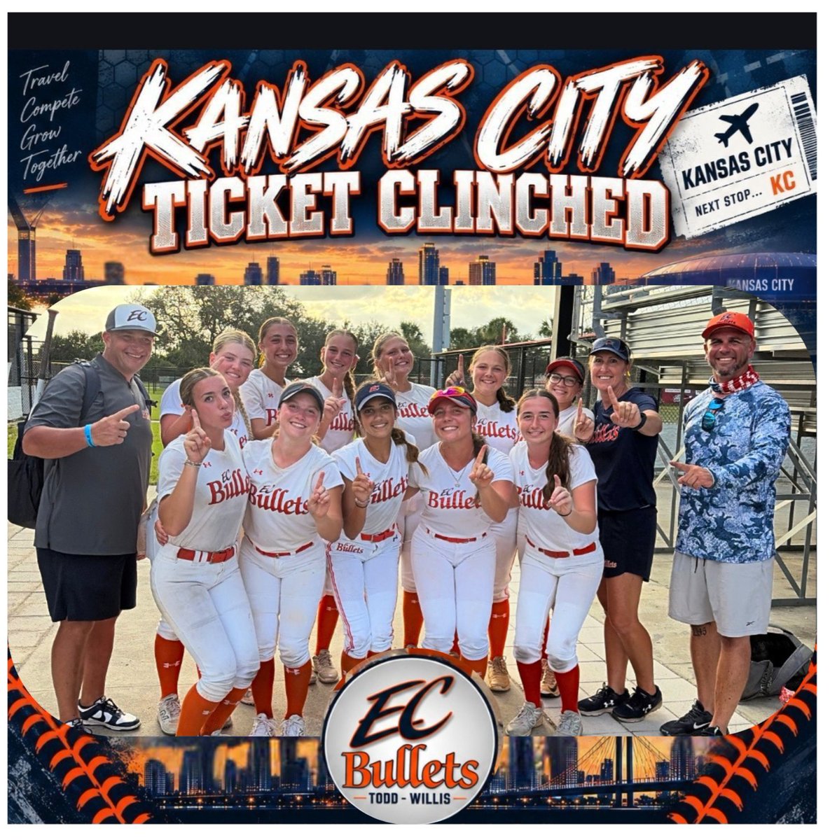 ECB_ToddWillis's tweet photo. ✈️ KANSAS CITY — TICKET CLINCHED! 🎟️

Undefeated weekend securing our way to the WFC in Kansas City! Our team scored 19 runs only giving up 1 hit all weekend! 

This was our first tournament weekend together as a newly merged team. New teammates, strong chemistry, and a new chapter and these girls came out competing like they’ve been beside each other for much longer. There’s still so much growth ahead, and that might be the most exciting part. 🧡💙

Now it’s official…

📷 KANSAS CITY, MISSOURI
📷 JULY 2027
📷 WFC — WE’RE COMING!

@pipertodd2029 @ryver_arnold @KalynWillis2029 @channingu2028 @Andi_Perdicaris @HannahJones2028 @EmilyMeMe2028 @kconner2029 @MaggieM2028 @SydneyGwinn2028 @CJMoulton2029 @bizzarri2028 @kasey83583435 @EastCobbBullets @ExtraInningSB @LineDsoftball @TroyTrojansSB @FSU_Softball @UCF_Softball @SaintLeoSB @FAUSoftball @USFSoftball @GatorsSB @JAX_Softball @FIUSoftball @Coast2CoastBSM