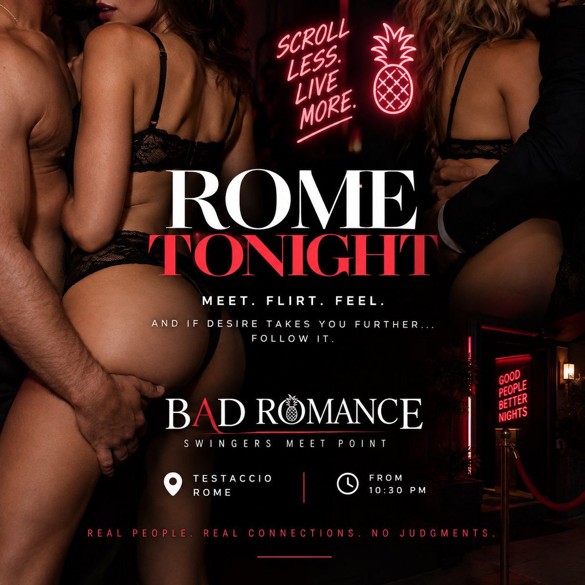 ClubBadRomance's tweet photo. ROME TONIGHT 🔥🍍

Stop watching.
Start living.

Meet. Flirt. Feel the chemistry.
And if desire takes you further… follow it.

❤️ BAD ROMANCE
Swingers Meet Point • Rome
📍 Testaccio
🌙 10:30 PM https://t.co/DXgnmVhV0X