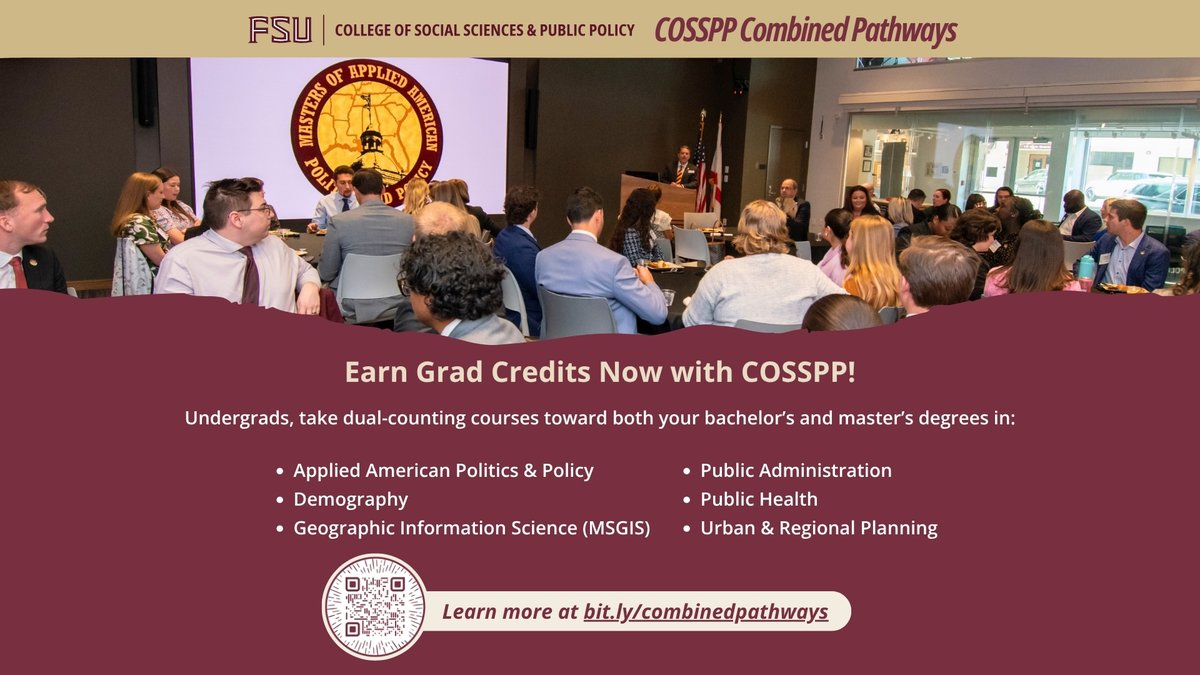 FSUintlaffairs's tweet photo. COSSPP offers 6 Combined Pathways, helping undergrads get a jump-start on their master's:
• Applied American Politics &amp; Policy
• Demography
• Geographic Information Science
• Public Administration
• Public Health
• Urban &amp; Regional Planning

🔗 https://t.co/V5967XUOA6 https://t.co/Q3CiGJuO8O