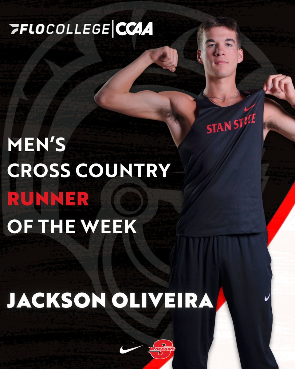 GoStanState's tweet photo. YOUR FLOCOLLEGE/CCAA RUNNER OF THE WEEK. 🏃‍♂️🏆

Jackson Oliveira earns his first career FloCollege/CCAA Men’s Cross Country Runner of the Week honor after leading the Warriors at the Kim Duyst Twilight!

🥈 2nd overall
🥇 Top collegiate finisher
⏱️ 24:05.5 in the 8K
⚔️ Led Stan State to a 3rd-place team finish as the top NCAA Division II squad

Oliveira has been the Warriors’ top finisher in each of their first two races this season.

#ValleyTough