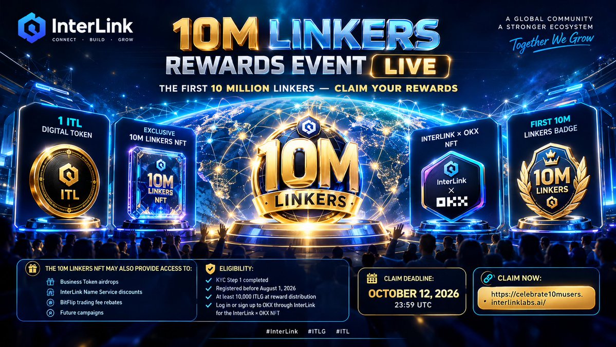 JulesJu6180's tweet photo. 🎆 The 10M Linkers Rewards Event is LIVE!

Eligible First 10M Linkers can claim:
💎 1 ITL
🪪 10M NFT
🤝 InterLink × OKX NFT
🎁 Badge

⏳ Deadline: Oct 12, 2026

🔗 https://t.co/amRfwvDPgM

#InterLink #ITLG #ITL https://t.co/kmJgI2w4rn