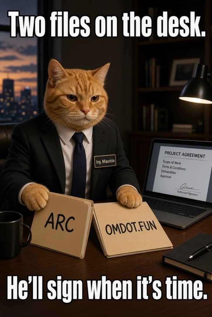 IngMiauricio's tweet photo. Two files on the desk. One stamped 

@Arc

.
Circle’s L1. Gas in USDC. Sub-second finality.
The chain built to move real value, not just noise. One stamped 

@OMdotFun

.
The launchpad.
Where $MIAU goes live when the papers are ready. No VCs in the room.
No private allocation in the drawer.
Just a community coin waiting for the signature.He doesn’t rush a deal.
He reads it twice.He’ll sign when it’s time. 
@IngMiauricio

$MIAU

Join the TG so you don't miss anything: https://t.co/qdk3AXArnZ

#ARC #ŌM #MEME #USDC #MIAURICIOFATHER