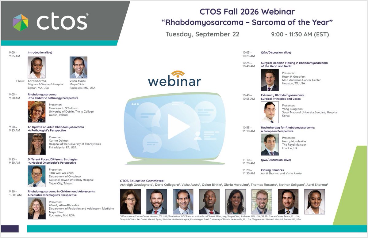ctosociety's tweet photo. Join the CTOS Fall 2026 Webinar on Sept 22: “Rhabdomyosarcoma – Sarcoma of the Year”!

Explore pediatric and adult perspectives on pathology, systemic therapy, surgery, and radiotherapy with an international faculty.

Program and registration: https://t.co/lNZPBb8N4m https://t.co/73sULzBUH7