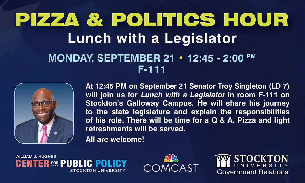 HughesCenter's tweet photo. Next week, Senator Troy Singleton (LD 7) will join us for Lunch with a Legislator on Stockton’s Galloway Campus. There will be time for an audience Q &amp; A. Pizza and light refreshments will be served. All are welcome!
🗓️ September 21
 🕧 12:45 – 2:00 PM
 📍 F111 @Stockton_edu https://t.co/RydzBO3Typ
