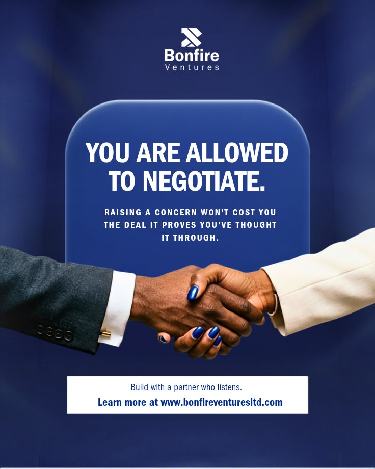 BonfireVltd's tweet photo. Negotiation is not about being difficult. It is about asking questions, raising concerns, and making sure the terms work for everyone.

At Bonfire Ventures, we believe strong partnerships are built on clarity, trust, and honest conversations.

#BonfireVentures 
#FounderSupport https://t.co/avJ6llbUdL