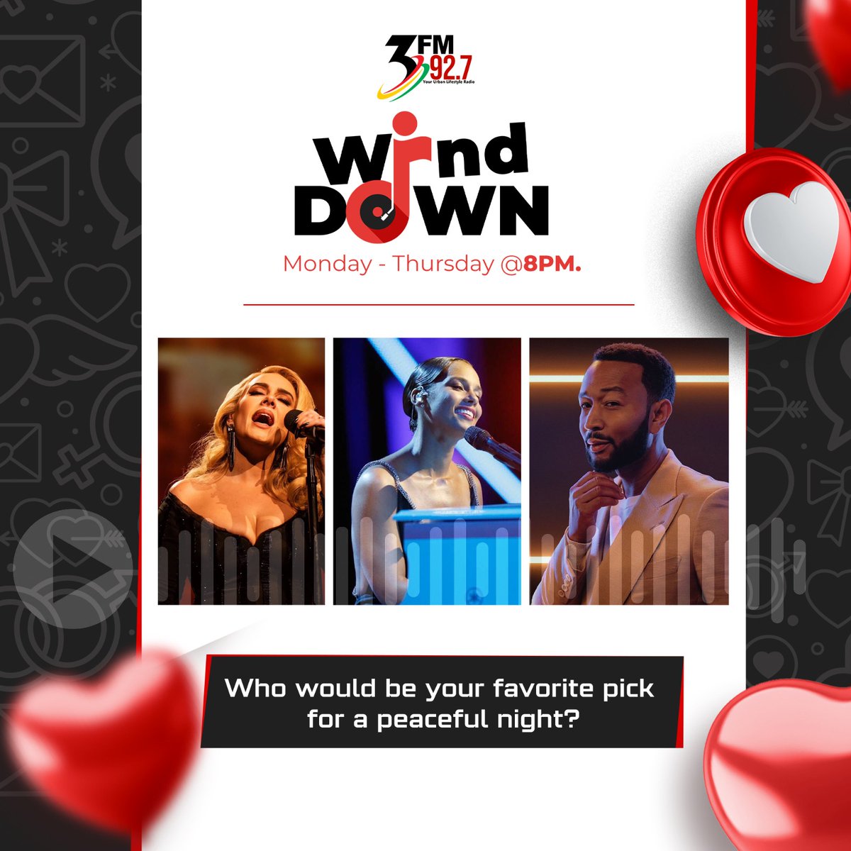 3fm927's tweet photo. The day is done. Time to Windd Downn.
Who’s would be your favorite pick on for a peaceful night 🎶😌
1. Adele
2. John Legend
3. Alicia Keys
Catch the 8pm night ride via https://t.co/EYW3aczhpN
#WindDown #SoftNights #NightRiders https://t.co/DwKVfTudf7