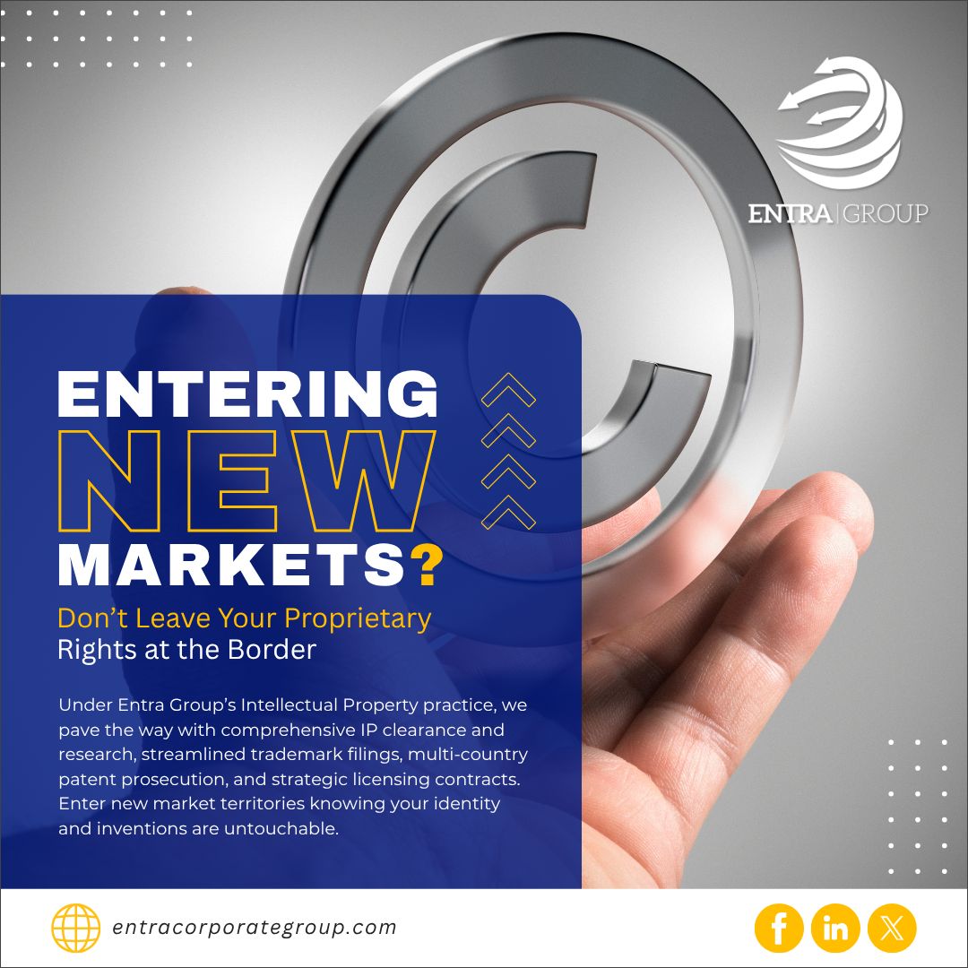 EntraGroup's tweet photo. Entering New Markets?
Under #EntraGroup’s Intellectual Property practice, we provide IP clearance, streamlined trademark filings, and multi-country patent prosecution, so you can enter new markets confident your identity and inventions are protected.
https://t.co/Bwwfwi13WH https://t.co/XPhDEmJkaf