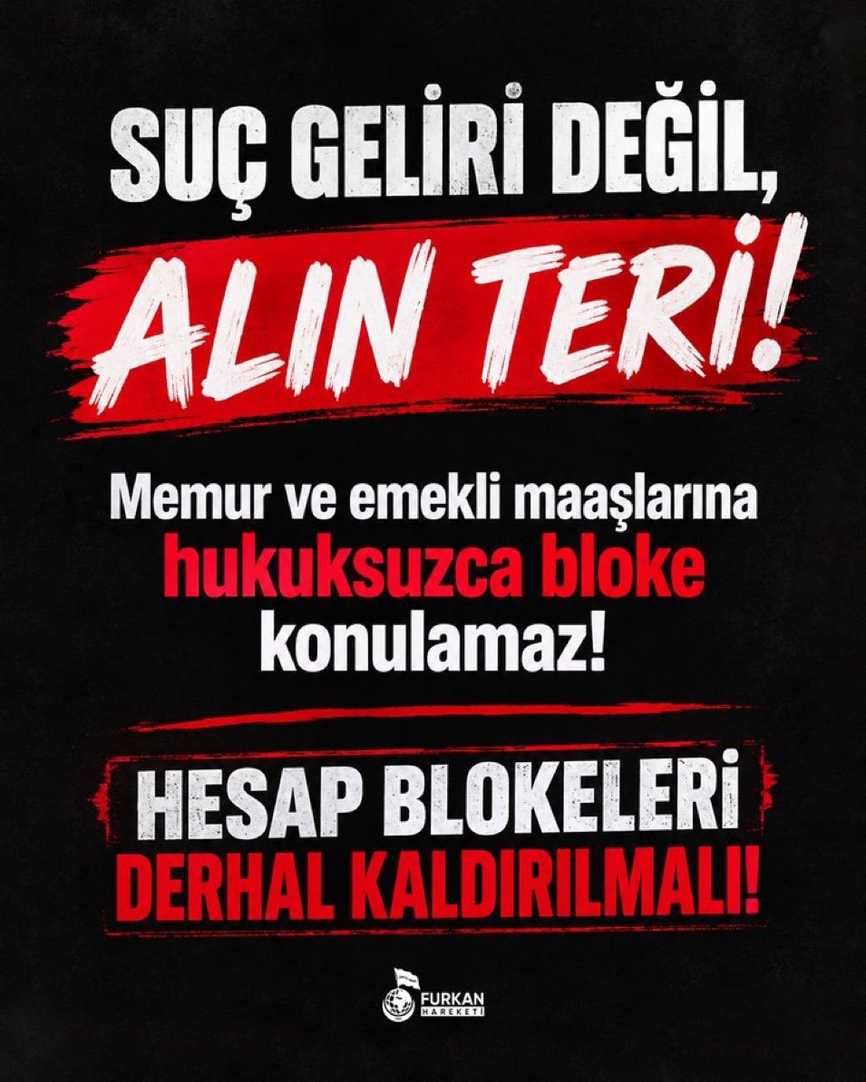 Sprge341's tweet photo. SUÇ GELİRİ DEĞİL, ALIN TERİ!

Memur ve emekli maaşlarına hukuksuzca bloke konulamaz!

HESAP BLOKELERİ DERHAL KALDIRILMALI!

https://t.co/J2tQTVglI8…

AlparslanHoca MaaşınaBloke
EmekliMaaşına BlokeZulmü
#FurkanaSistematikZulüm https://t.co/ksB5bssAwZ