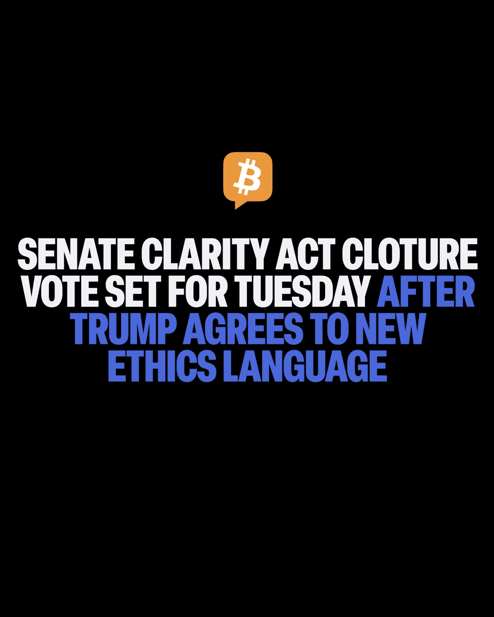 BitcoinNews's tweet photo. COMING UP: 🏛️ The Senate holds a critical cloture vote on the CLARITY Act tomorrow, needing 60 votes to advance.

🇺🇸 President Trump agreed to ethics language letting state AGs enforce divest-or-blind-trust rules.

Banks oppose stablecoin provisions over deposit flight risks. 💸 https://t.co/uDJ4FlE4kS