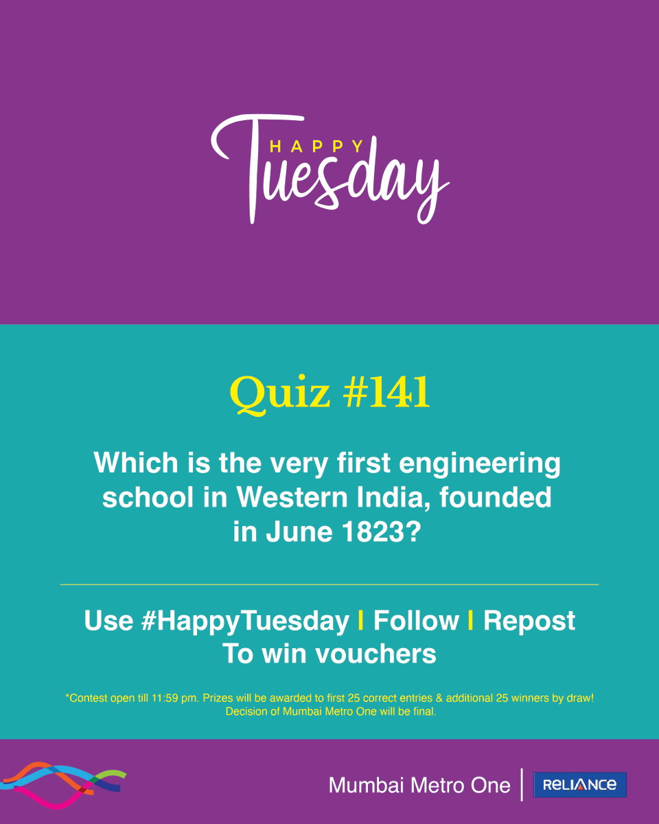 MumbaiMetro01's tweet photo. #HappyTuesday quiz is here! 

The 141st edition is about a colonial period school, created to train local builders and surveyors for PWD (Public Works Department).

Prizes will be awarded to 50 winners, the first 25 correct entries, and an additional 25 winners by draw.

Follow, Repost and Use #HappyTuesday (all mandatory) to win. 

#ContestAlert #Giveaways #Voucher #MumbaiMetro