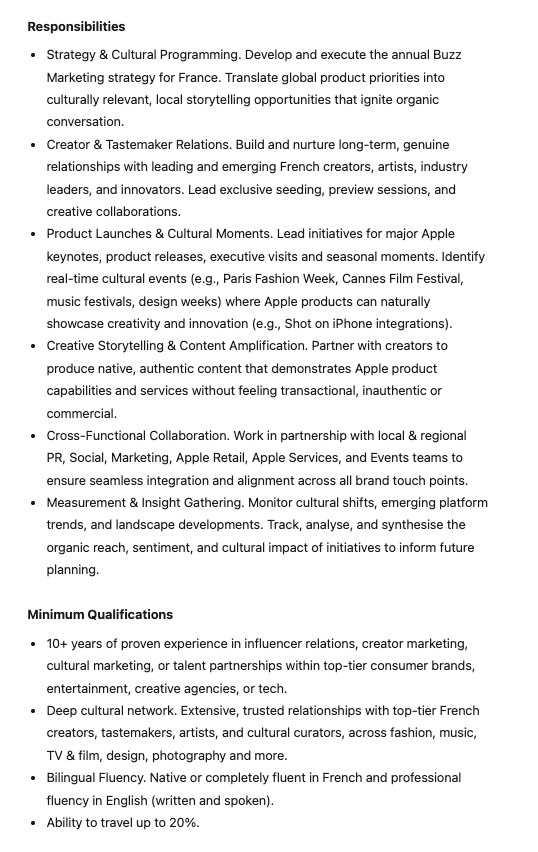 LLLLITL's tweet photo. Apple is hiring a "Buzz Marketing Marketing Manager". 

https://t.co/I05AgbTTJx

"In this role, you will lead the strategic vision and execution of cultural marketing initiatives across France." 
#Apple #Marketing https://t.co/5UXPXBgWaN