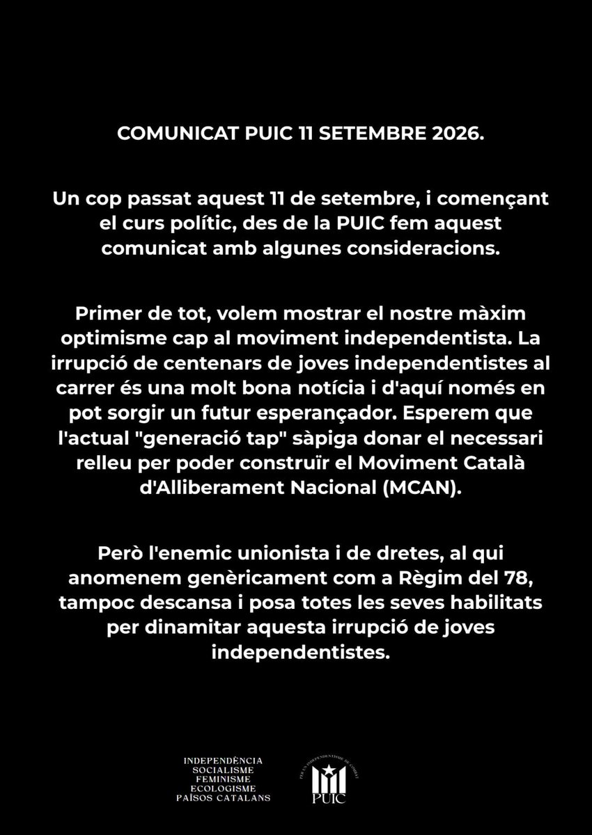 Puicinacional's tweet photo. COMUNICAT PUIC 11 SETEMBRE 2026 https://t.co/i3kyoZ96zN