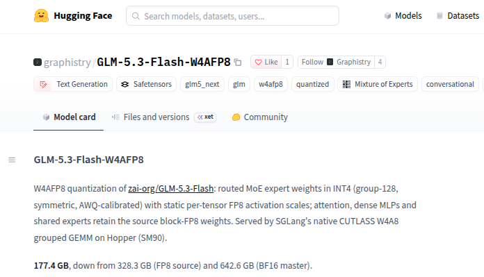 lmeyerov's tweet photo. Our first weights drop: GLM 5.3 Flash W4AFP8 quant by
@Graphistry / @LOUIE_AI means you can now run on half as many H-series GPUs

Run on smaller rigs, and for bigger ones, double your token count!

Already getting downloaded before we had time to announce 🤯

botsbench numbers coming up shortly

Ex: 4-8 x H200 => 2 x H200

Ex: 8 x H100 => 4 x H100

How: New models generally target new GPU generations that use new kinds of floating point data representations that don't work on older GPUs. We work w/ teams using H200's etc which means rejiggering weights to more traditional fp8/int4 reps, and there is a bit of nuance to what you want to use where

GLM 5.3 Flash benchmarks great on botsbench, so enjoy the quant!