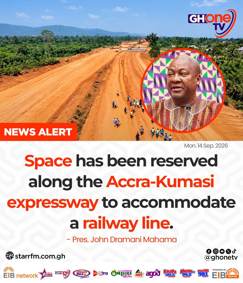 ghonetv's tweet photo. Space has been reserved along the Accra-Kumasi expressway to accommodate a railway line... - Pres. Mahama

#EIBNetwork #GHOneTV 
#GHOneNews #NewsAlert https://t.co/xh3SdnwGwo