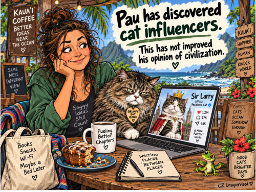 uthorcdswanson's tweet photo. My cat Pau has discovered famous cats online. This has only confirmed his worst suspicions about civilization. #CZUnsupervised #CatsOfX #CatHumor #WritingCommunity https://t.co/clYHYRoTLW