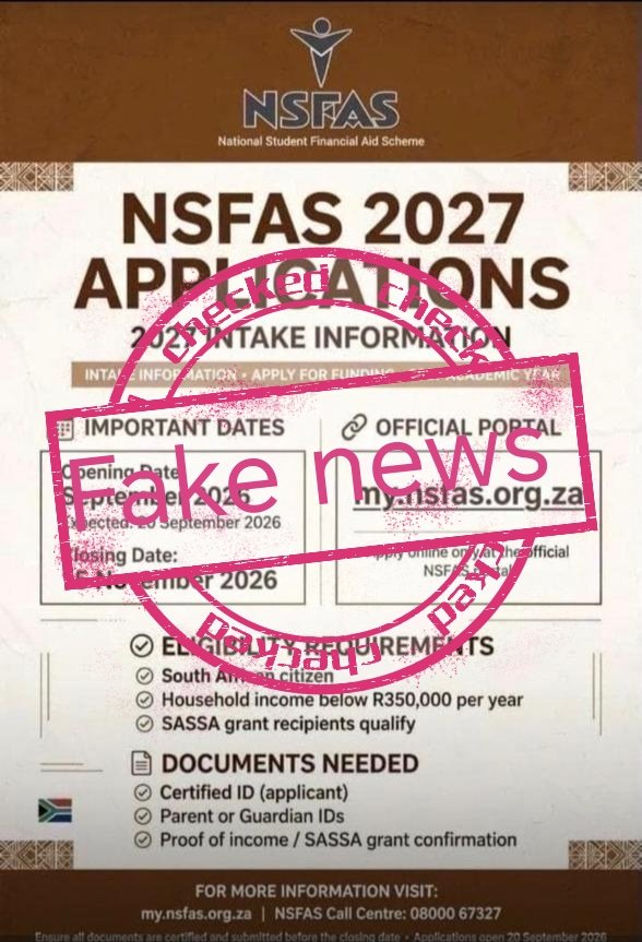 myNSFAS's tweet photo. 🚨 FAKE NEWS ALERT

False information about NSFAS 2027 Applications is circulating. ❌

Don’t be misled—always verify application dates and funding information through official NSFAS platforms before sharing.

🔎 Check the source. Verify the facts.

#NSFAS2027 #FakeNewsAlert https://t.co/wbnn8LCNWe