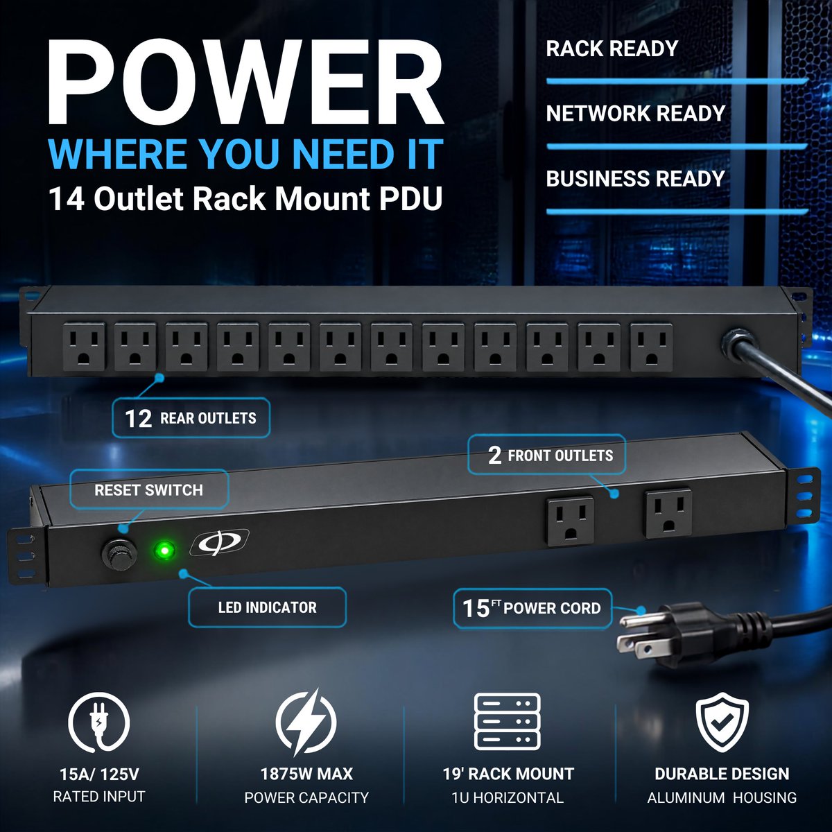 infinitecables's tweet photo. POWER WHERE YOU NEED IT ⚡

Power your rack with our 14-Outlet Rack Mount PDU.
⚡ 12 rear + 2 front outlets
⚡ 15 ft power cord
⚡ 15A / 125V • 1875W max
⚡ 19" 1U rack mount
Built for server rooms, network racks &amp; professional installations.
#PDU #RackMount #Networking https://t.co/VoosCKnOkH