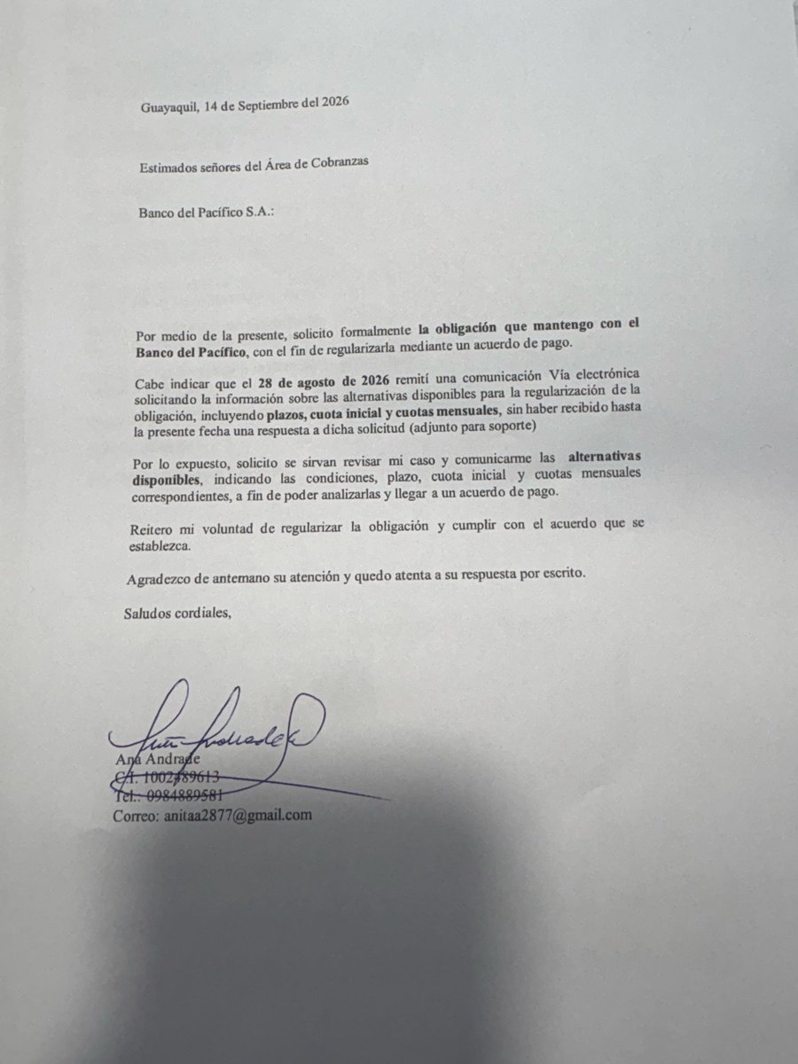 Anaandr21775800's tweet photo. @SuperBancosEc solicito su intervención urgente ante @BancoPacificoEC. Quiero pagar y llegar a un convenio, pero Cobranzas dice que estoy en Coactiva; Coactiva dice que no tiene proceso; . El 28 de agosto solicité por correo una alternativa de pago y nunca respondieron. Adjunto https://t.co/fvuwcRhE1Q