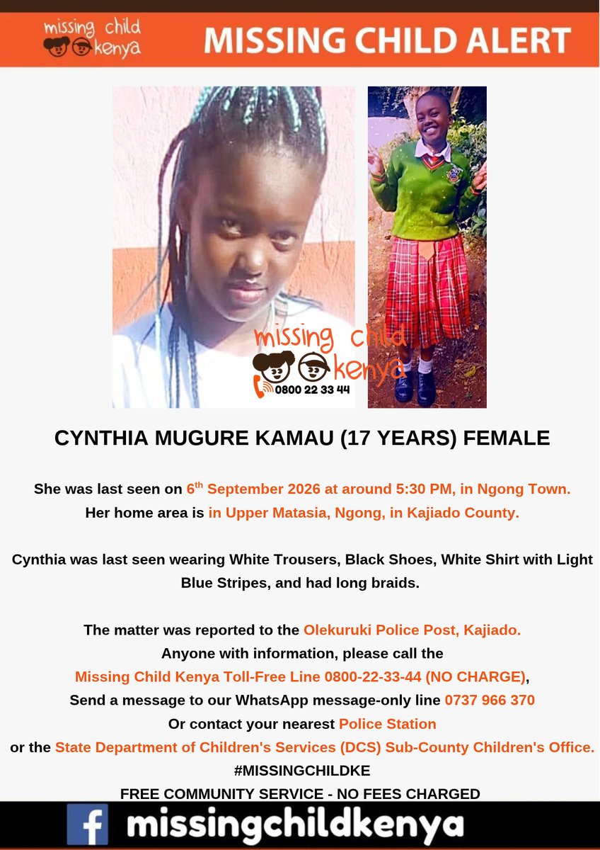missingchild_ke's tweet photo. CYNTHIA MUGURE KAMAU (17 YEARS) FEMALE #MISSINGCHILDKE https://t.co/e2TL1J7vAG