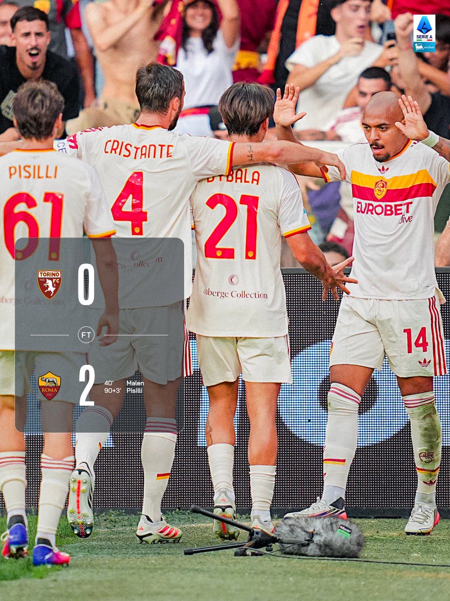 SerieA's tweet photo. 4️⃣ su 4️⃣

La decidono Malen e Pisilli: Roma a punteggio pieno 🟡🔴

#TorinoRoma #SerieAEnilive https://t.co/xjqBeOgQbV