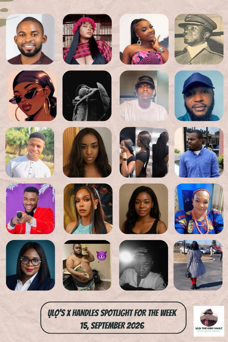 Uloigbovault's tweet photo. ỤLỌ’S SPOTLIGHT FOR THE WEEK

1. @Nwekeprince101 - Co-Founding @Orange_capitals 

2. @Munashalom - IGBOTIC

3. @ugoccie - Music

4. @onwuchekwa_ - Auto Detailing Service

5. @EgbuChinwe - Igbo

6. @HannahBanana_x_ - Igbo

7. @blocboy4LL - Music

8. @chizitereem - Igbo

9. @FrancisAle86994 - Philosophy 

10. @treazyblaq - Football, News, Opinions, Igbo & Writing

11. @Normalg91457566 - Cooking

12. @MartinUba2 - Education & Family

13. @iam_drRockstar - Medicine & Hosting

14. @Natasha_ify - Igbo

15. @UloakuBlooms - Igbo

16. @Ifybekee_wears - Clothes, Shoes 

17. @santherlabelle - Public Relations

18. @Fatboi_Marv - Trading

19. @ChekwubeUzoechi - Business, Football

20. @Ahmypeace - Education

Congratulations🎉🎉