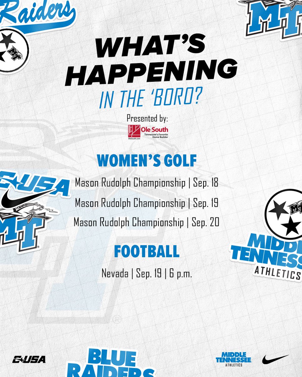 MTAthletics's tweet photo. Your weekly guide to all things Blue Raider Athletics starts here. 👇

See What's Happening in the 'Boro this week!

🔗 Promos &amp; more: https://t.co/Dqb5GI1cEH

#TrueBlue https://t.co/TZbglSC0hF