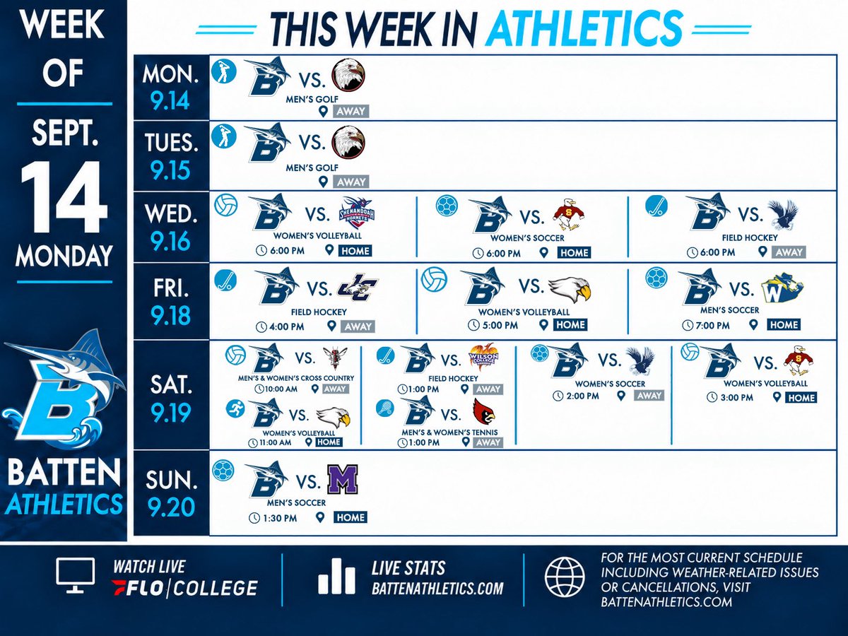 marlinsathletic's tweet photo. This Week in Batten Athletics | Sept. 14 – Sept. 20 🌊
Check out this week’s Marlins schedule and come out to support our teams! 💙
#GoMarlins // #FireMeUp // #FinsUp https://t.co/rBDy4Sg9tf