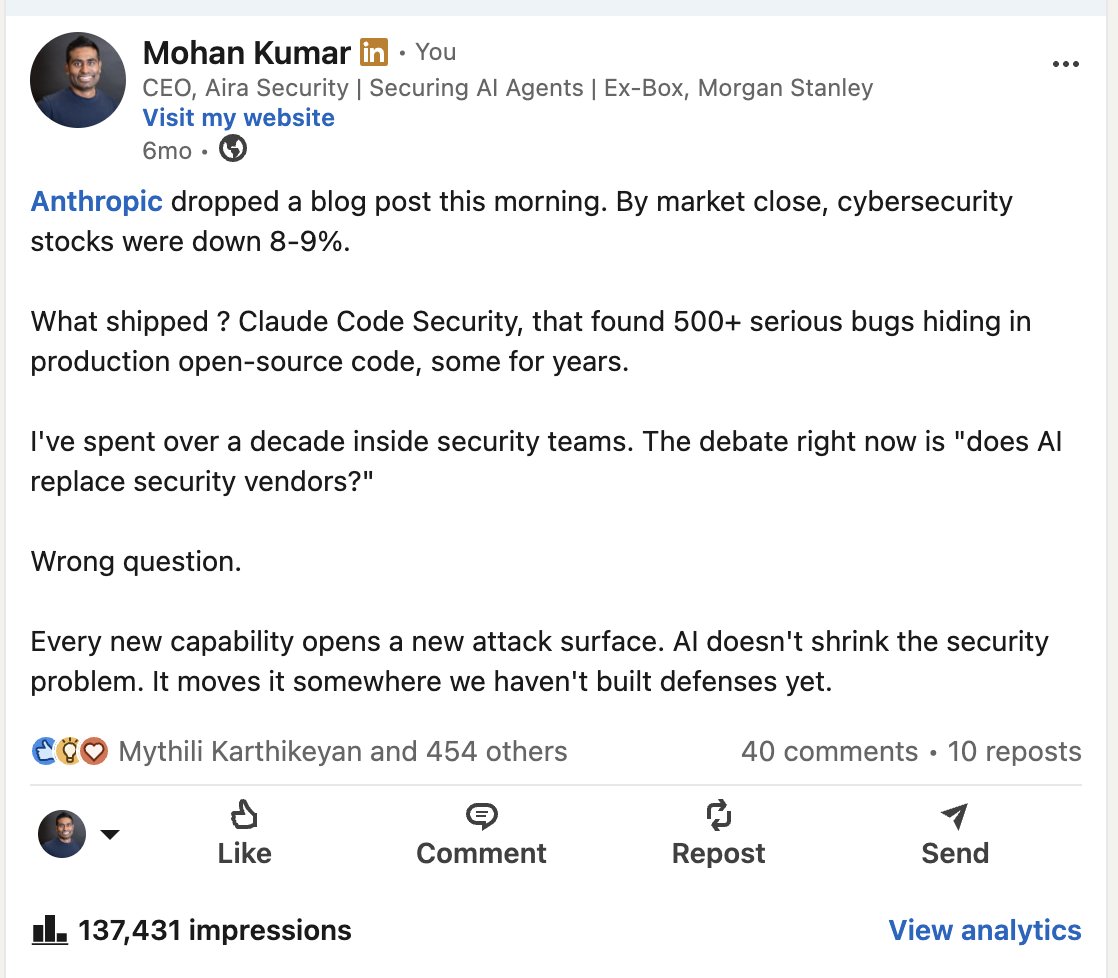 Vimokumar's tweet photo. 6 months ago I posted this. @AnthropicAI dropped a blog post and cybersecurity stocks closed down ~9%.
earlier debate: does AI replace security vendors?
Today, the opposite. After @DarioAmodei @sama  talked about slowing down frontier capabilities.. cyber stocks are up by 10%. https://t.co/INvpneRMeE