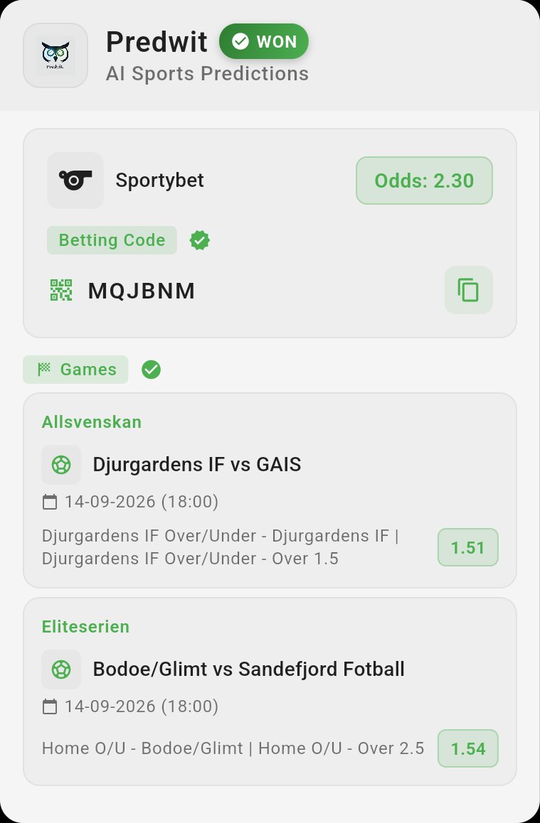 predwit's tweet photo. 🏆 BOOM! Sportybet code WON @ 2.30 odds! ✅🔥
🎯 Code: MQJBNM
⚽ Djurgardens IF vs GAIS
⚽ Bodoe/Glimt vs Sandefjord Fotball

Get winning codes on Predwit 👇
https://t.co/Czt1cB80WA
#Predwit #BetCode https://t.co/H4wPoUB2nF