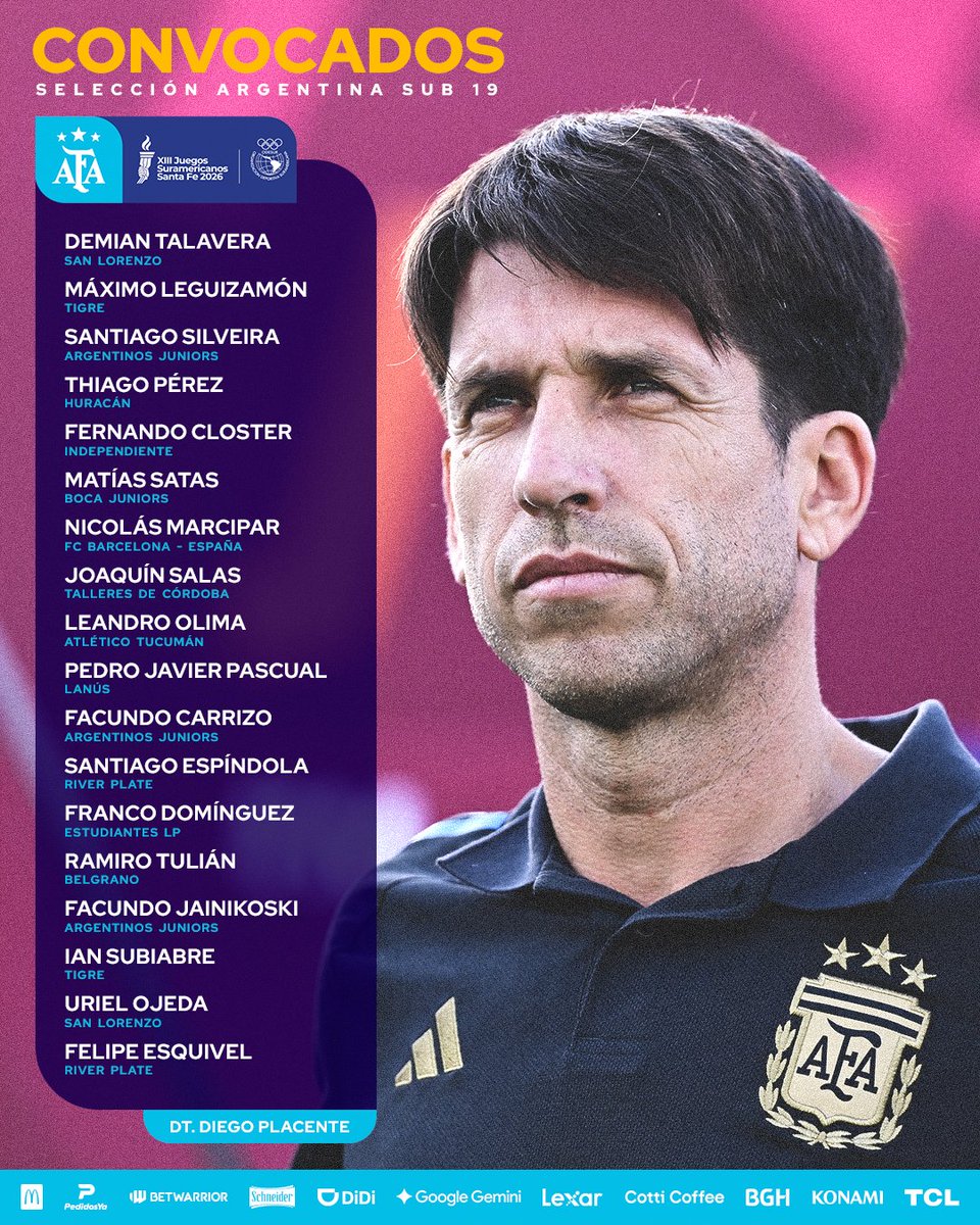 Argentina's tweet photo. #Sub19 Cambio de último momento en la lista de convocados del fútbol masculino en los Juegos @suramericanos26.

🔁 Por lesión es baja Bruno Galassi (Lazio), y se suma al plantel Pedro Javier Pascual, del Club Lanús.

💪 Esta tarde la delegación cumplirá con su primer entrenamiento en Rosario.