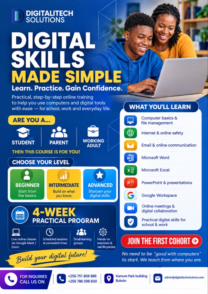 DigitaliTechug's tweet photo. Build your Digital Confidence.
💻🚀Practical, step-by-step computer training for students, parents, professionals and beginners.
🎓 Beginner • Intermediate • Advanced
📅 4-week practical program
💻 Online, hands-on learning
Learn. Practice. Gain Confidence.
📞 +256 786 598 600 https://t.co/az19cBWSkT