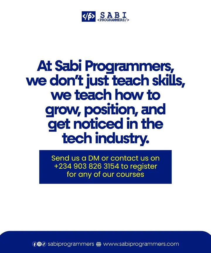 SabiProgrammers's tweet photo. To register, send us a DM or contact +234 903 826 3154

#sabiprogrammers #learntech #techtraining #akuretech https://t.co/Py7e2AOHnp