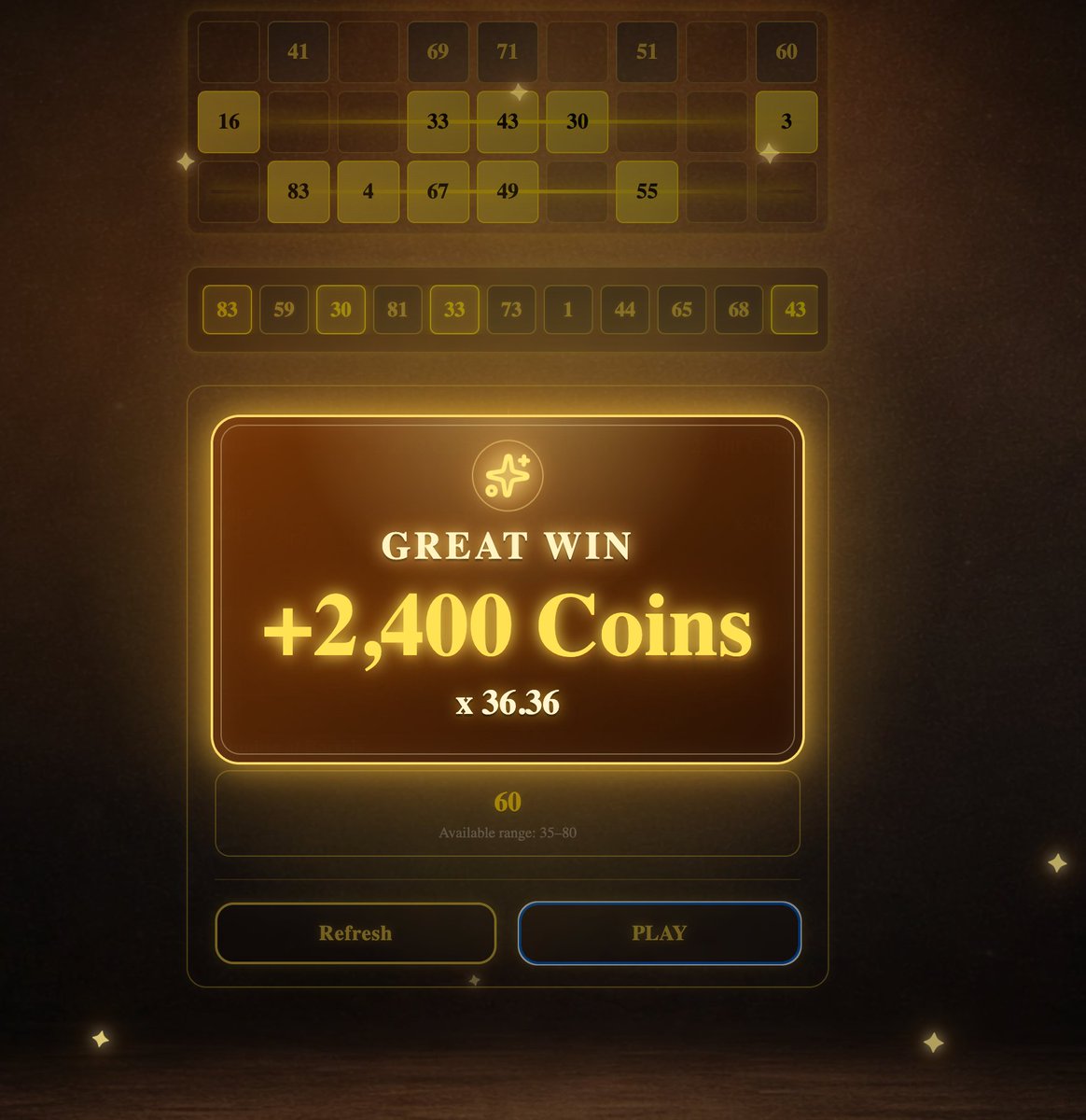 LuckyzoneClub's tweet photo. 🎉 Congratulations to NightRider!

2,400 Coins won from just a 66 Coin bet — hitting x36.36 on LuckyZone Lotto.

Pick your numbers. Test your luck. See where the next round takes you.

Play Lotto on LuckyZone. 🎯

#LuckyZone #Lotto #EasyWin https://t.co/RiwG0t1fR4