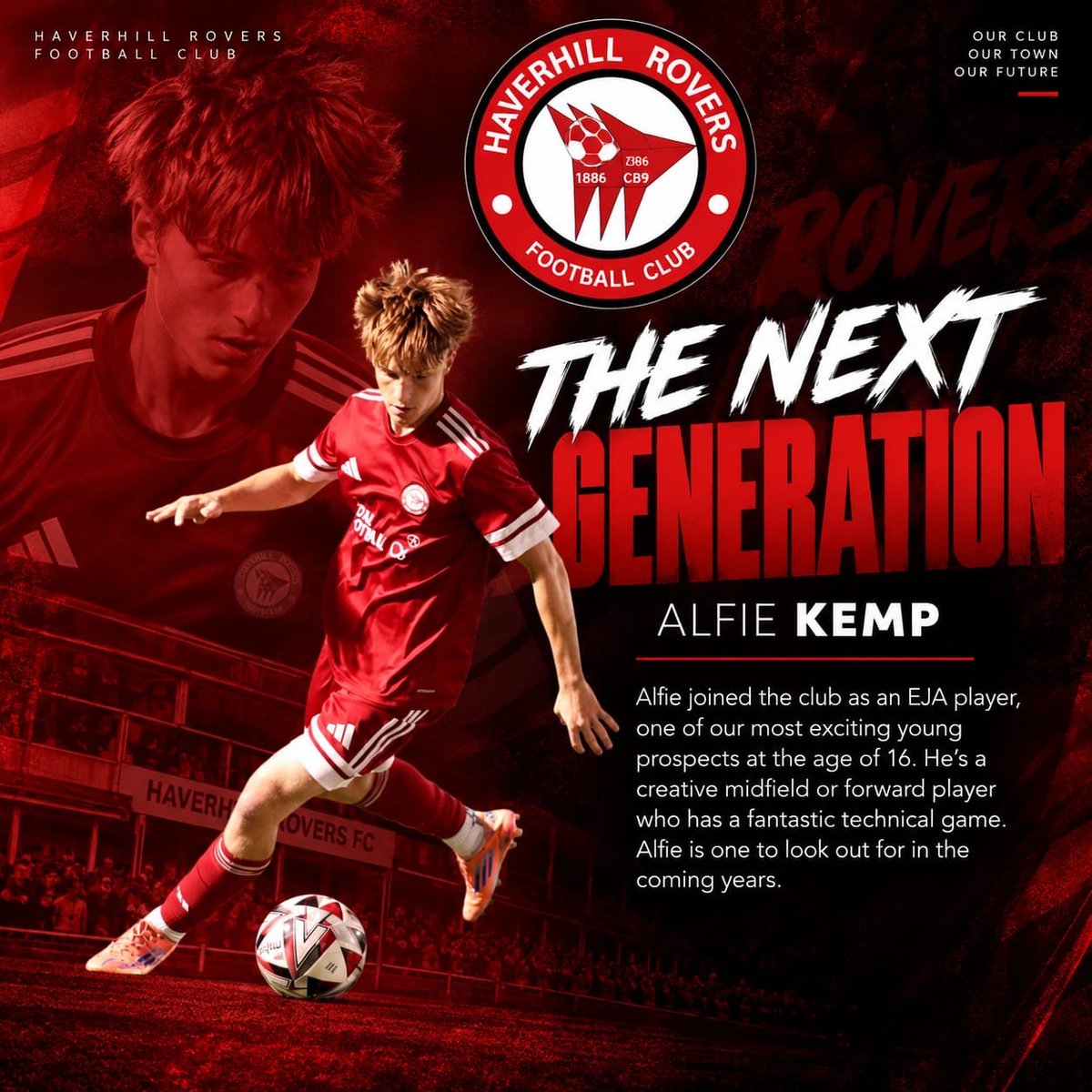 HaverhillRovers's tweet photo. THE NEXT GENERATION ⚪🔴

From EJA football to representing our U18s and U23s, and already earning opportunities with the First Team at just 16.

Alfie Kemp is another exciting young player coming through the pathway at Haverhill Rovers.

Keep working, Alfie. 👊⚽

#UpTheRovers https://t.co/kymiOS26XV