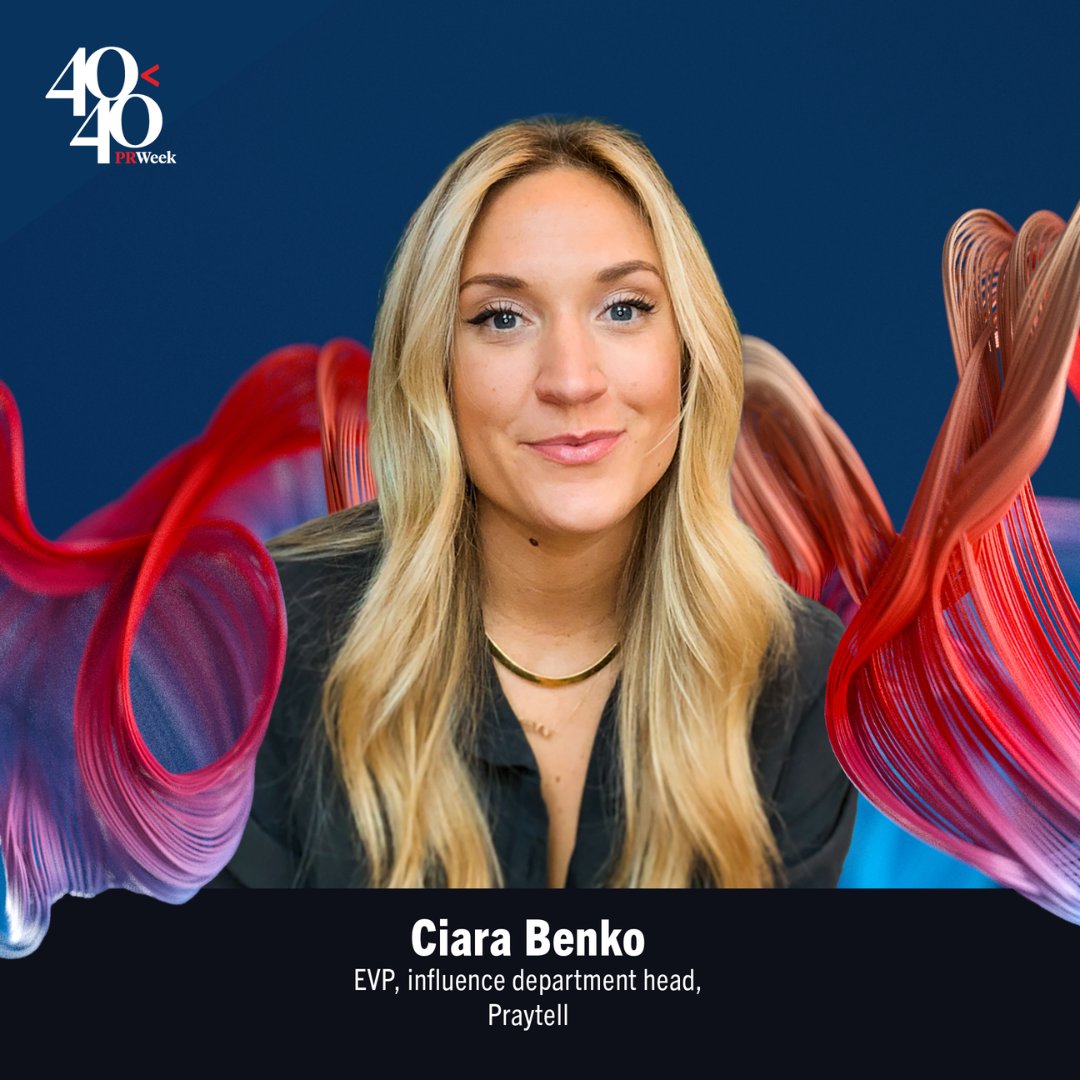 PRWeekUS's tweet photo. Congratulations to Ciara Benko, EVP, influence department head at Praytell, for earning a spot on the #PRWEEK40UNDER40 2026 list! Join us in celebrating this well-deserved honor: https://t.co/8ohIq8DUwo https://t.co/TH5C3XevDD