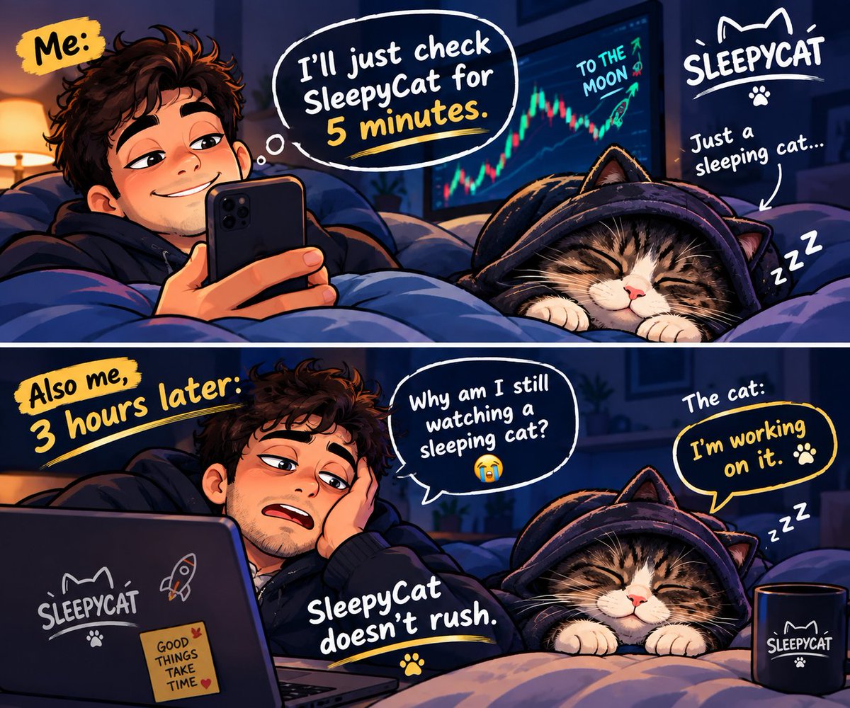 SleepyCatHQ's tweet photo. Me: I’ll check SleepyCat for just 5 minutes. 😴
#SleepyCat #Memecoin #CryptoTwitter #CT 
#CryptoMeme #MemeCoin #CryptoCats https://t.co/wgef4czUuQ