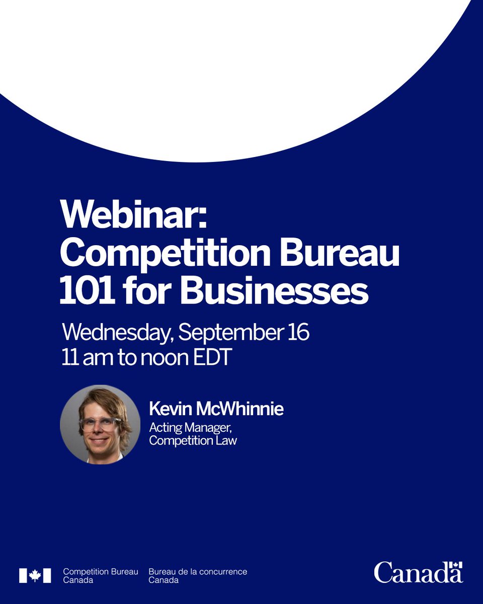 CompBureau's tweet photo. Join us this Wednesday for a FREE competition law 101 webinar for businesses, led by the Bureau’s Kevin McWhinnie, and hosted by the @BECBrampton.

To register, visit: https://t.co/MmZepiXmn5 https://t.co/JcAzcCLlMO