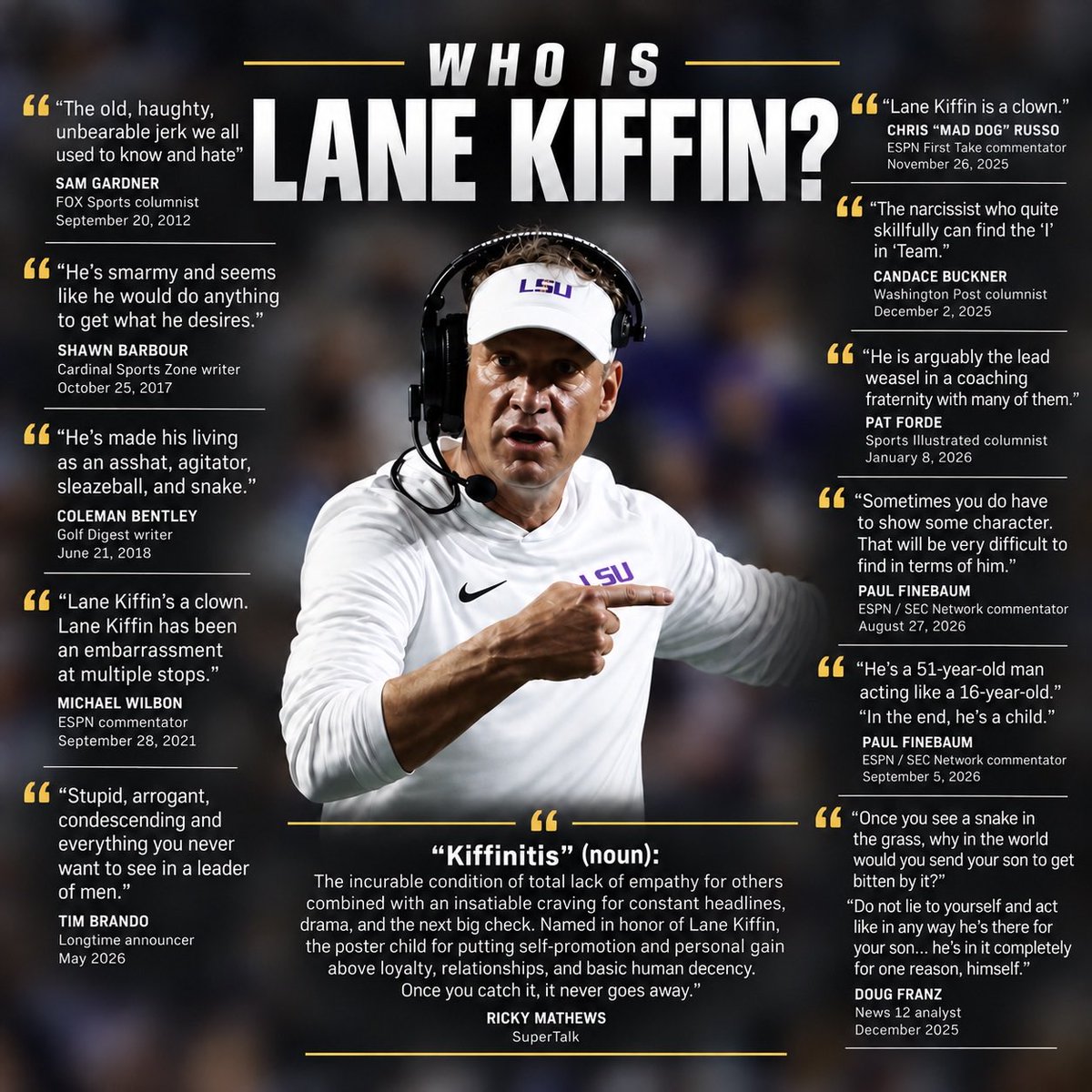 EverythingRebs's tweet photo. There will be a lot of talk this week about Lane Kiffin returning to Ole Miss. 

With that being said, let’s take a look at who Lane Kiffin really is. I think this will give people a quick insight into how he is viewed. https://t.co/GengQpcOp0