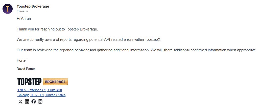 iibebeans's tweet photo. You guys may want to reconsider @TopstepBroker with handling your live capital. This happened to me earlier today on @Topstep X... Price had dropped below my SL &amp; the order never executed. Had I not been sitting at the screen, I could have lost my entire capital. https://t.co/UGUf5qfE7g