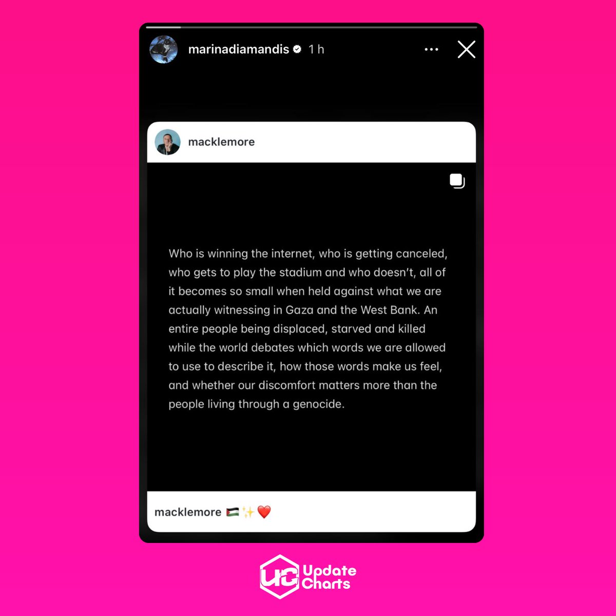 updatecharts's tweet photo. MARINA (ex-And The Diamonds) declara apoio a Macklemore após o cantor expor que foi REMOVIDO por Ed Sheeran da turnê depois de gritar “PALESTINA LIVRE”. https://t.co/ncsqOw32Np