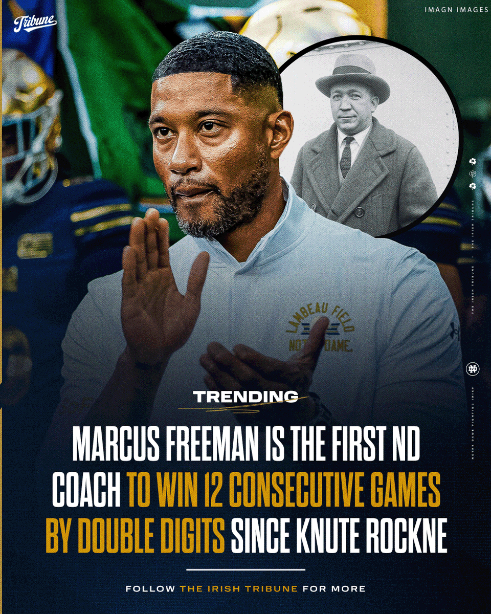 theirishtribune's tweet photo. Marcus Freeman is the first Notre Dame Head Coach since Knute Rockne to win 12 consecutive games by double-digit points.

Freeman (2025-26) and Rockne (1921-22) are the only two coaches to achieve the feat in program history, and a double-digit win on Saturday against Michigan State would give Freeman the program record.