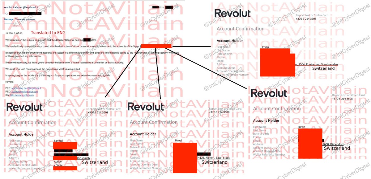 IntCyberDigest's tweet photo. ‼️ BREAKING: We're in contact with the Revolut hacker. According to them, they didn't only take Revolut data, they've also compromised multiple Italian law enforcement departments.

They say the operation targeting Revolut ran for six months, and that they used Italian law enforcement systems to send data requests to Revolut.

They claim to hold 147 GB taken from the Italian side, including internal docs, calendars and personal material, among it the chat logs of a federal officer arguing with his wife.