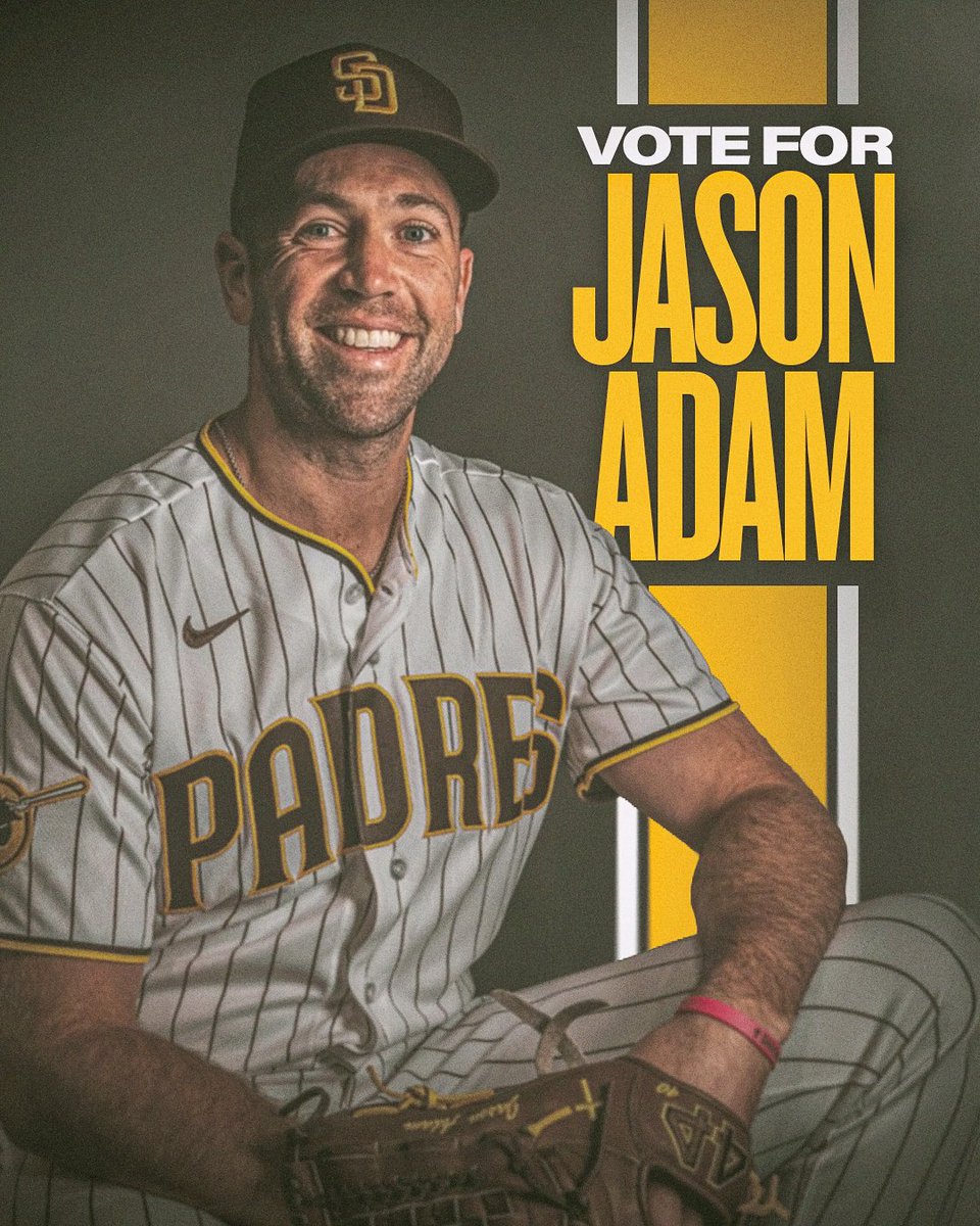 Graphic announcing Jason Adam as our Roberto Clemente Award nominee. On the graphic, there is a photo of Jason Adam sitting down and smiling in the Padres home white pinstripe uniform. On the right side of the graphic, there is text that reads "Vote for Jason Adam".