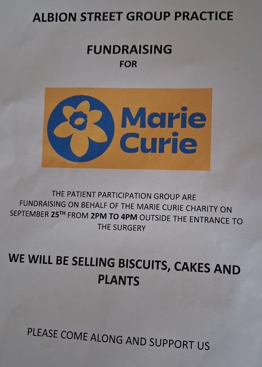 se16albion's tweet photo. Friday 25th September   14:00 - 16:00 
#AlbionStreetGroupPractice    SE16 7JX
@mariecurieuk  #fundraiser   @WorgInfo https://t.co/MtvN5CozdO