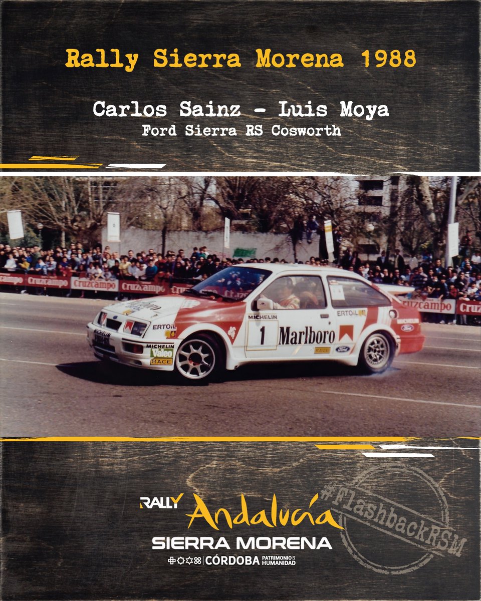 Rsierramorena's tweet photo. Arrancamos serie histórica del #RallySierraMorena con el hashtag #FlashbackRSM: fotos y relatos inéditos. Para empezar, Carlos Sainz y Luis Moya celebrando su victoria de 1988 con el Ford Sierra Cosworth en Avda. República Argentina (salida hasta 2024). ¿Quién lo recuerda? (1/2) https://t.co/fhIsU072WR