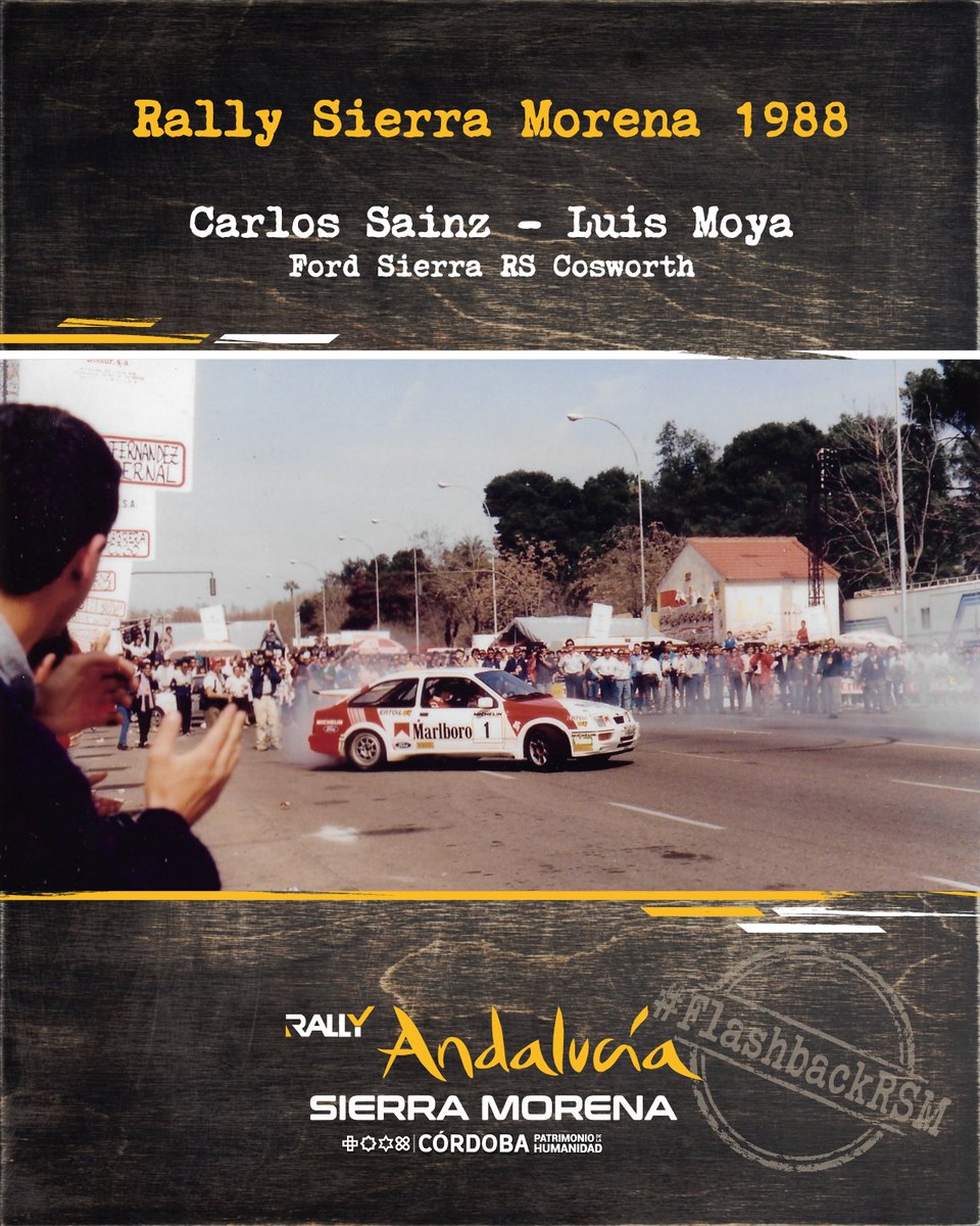 Rsierramorena's tweet photo. We kick off our #RallySierraMorena history series with #FlashbackRSM: unseen vintage photos &amp; tales. First up: Sainz &amp; Moya celebrating their 1988 win in the Ford Sierra Cosworth on Avda. República Argentina. Who remembers this? (2/2) https://t.co/xOXogVndiu