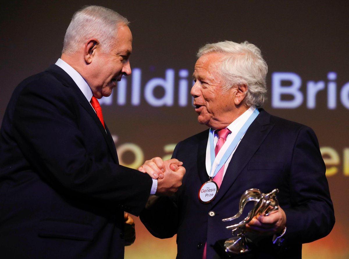 DoubleDownNews's tweet photo. Robert Kraft, who called Ed Sheeran &amp; made him kick Macklemore off his tour, was gifted a $1 million award from Israeli PM Benjamin Netanyahu

Kraft has donated millions to pro-Israel groups

In the words of Netanyahu:

"Israel does not have a more loyal friend than Robert Kraft" https://t.co/yqyWFecnm2