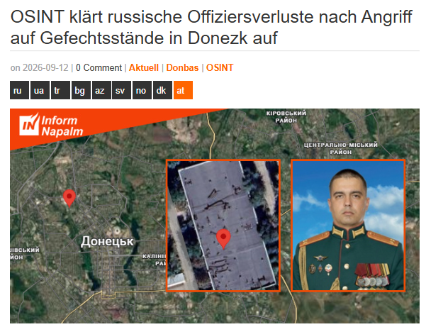 InformNapalm's tweet photo. OSINT klärt russische Offiziersverluste nach Angriff auf Gefechtsstände in Donezk auf
https://t.co/el53YLqmeS

Ein ukrainischer Angriff auf mehrere russische Gefechtsstände in Donezk am 8. September 2025 ließ sich später mithilfe von #OSINT genauer rekonstruieren. Monate später und schließlich auch ein Jahr nach dem Angriff tauchten neue Angaben in offenen #russischen Quellen auf. Dadurch ließen sich Ergebnisse der Operation klären, die zuvor nur teilweise bekannt waren.