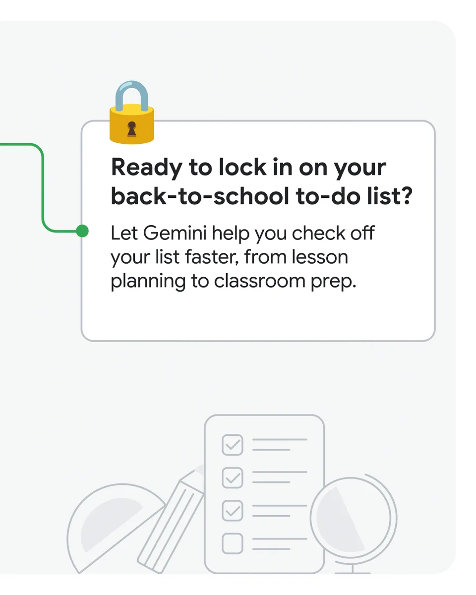 A padlock emoji connected to a card that reads "Ready to lock in on your back-to-school to-do list?" with text explaining how Gemini helps with lesson planning and classroom prep. Includes line art of school supplies and a checklist.