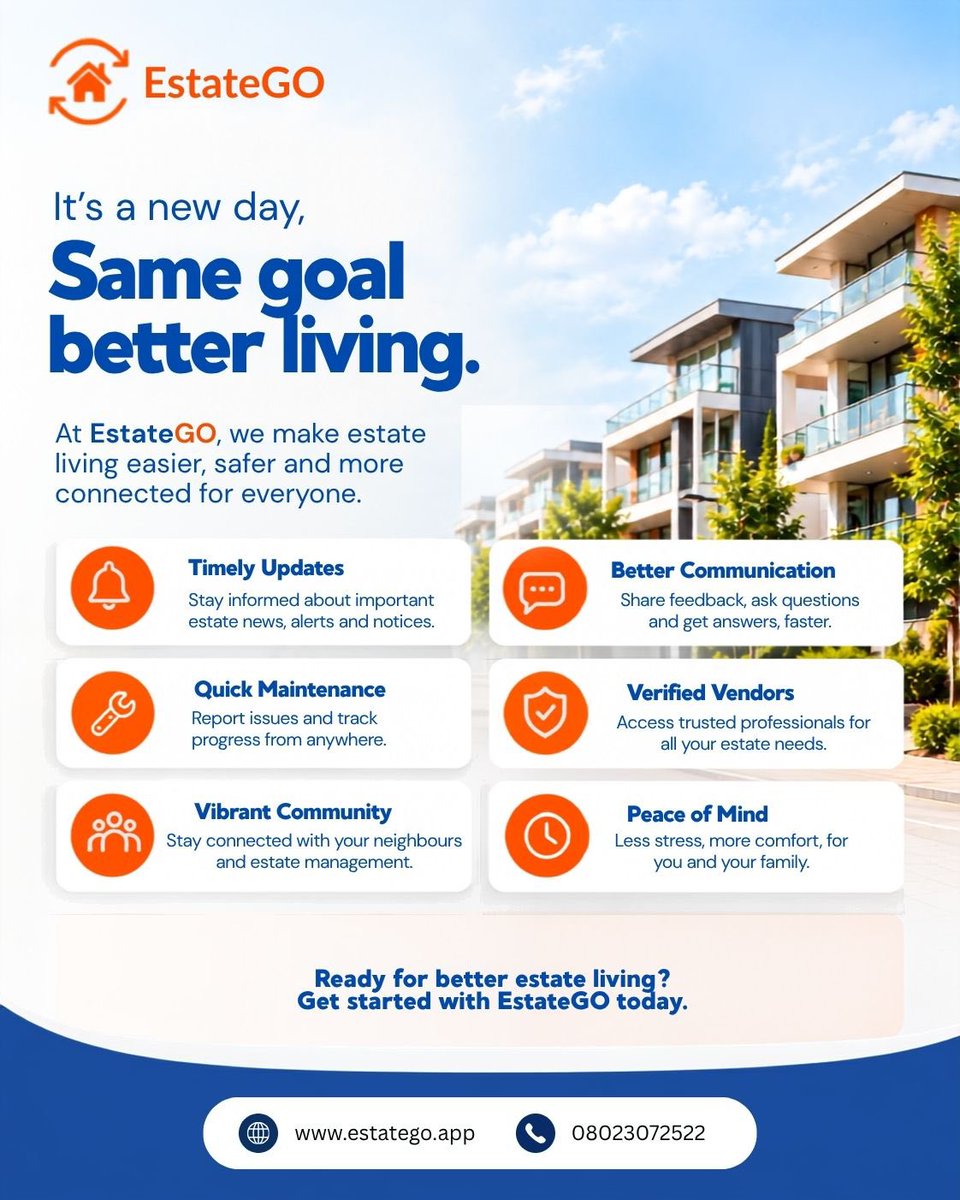 EstateGoNg's tweet photo. A more organised estate starts with better communication. 💙

Timely updates, seamless maintenance, trusted services—all in one place.

Smarter management. Better living.
Download EstateGO today!

#EstateGO #SmartEstateLiving #EstateManagement https://t.co/oRccfLEZfV